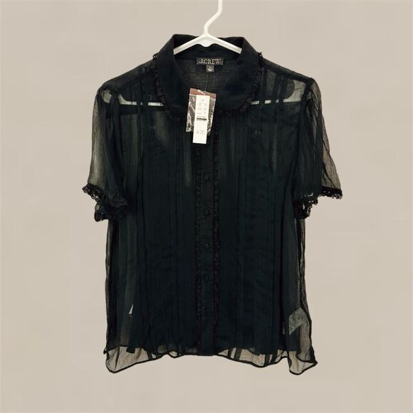 J.Crew Sheer lace-trim button-up shirt blouse in Black Size 10 NWT - Picture 6 of 12